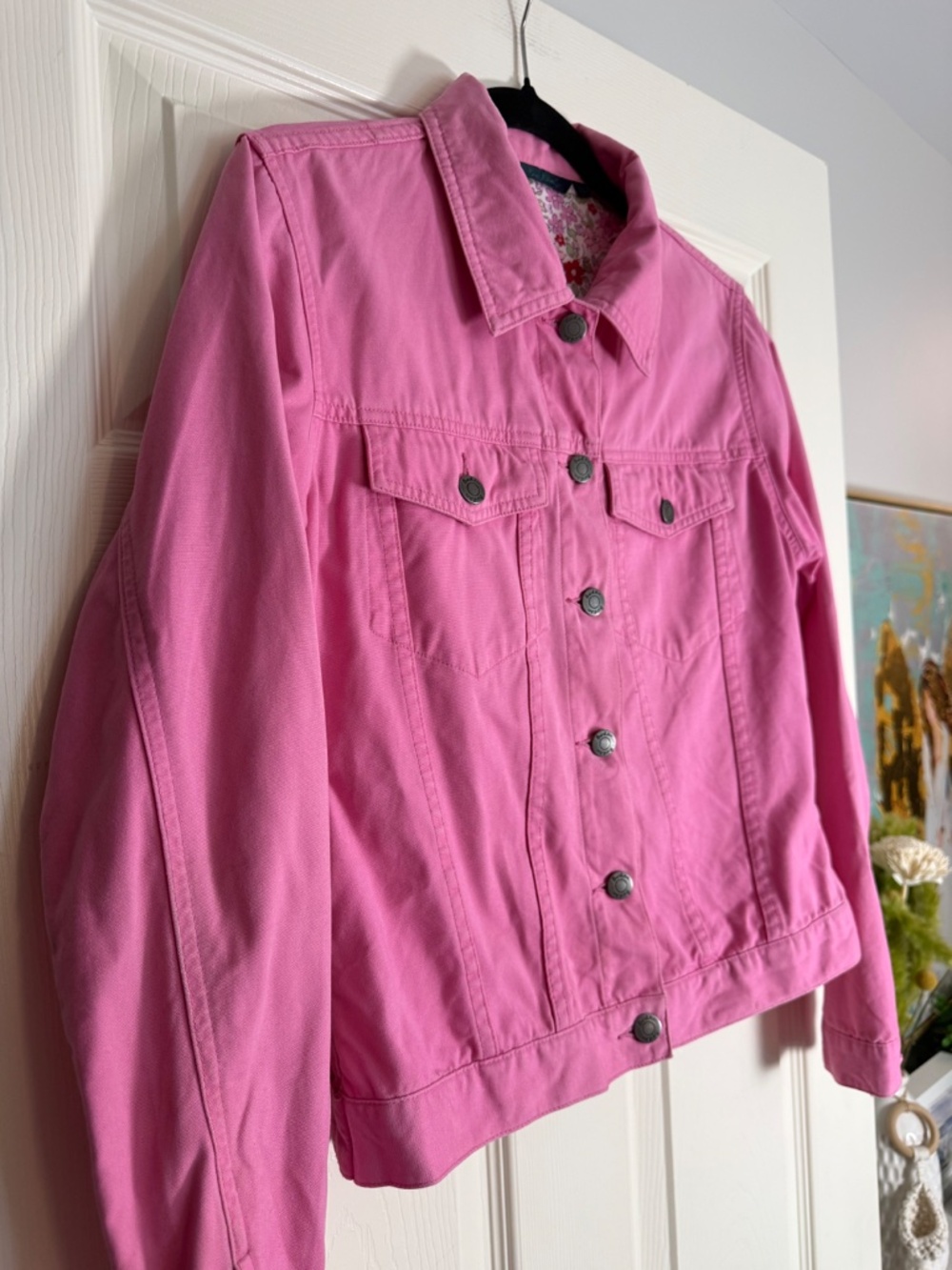 Boden Pink Cotton Denim Trucker Jacket Size 10 Floral Lined